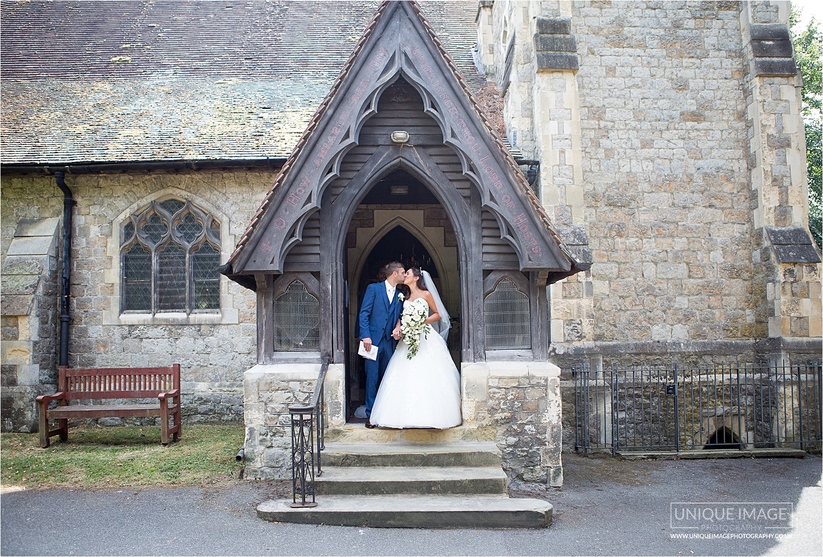 bride and groom at church