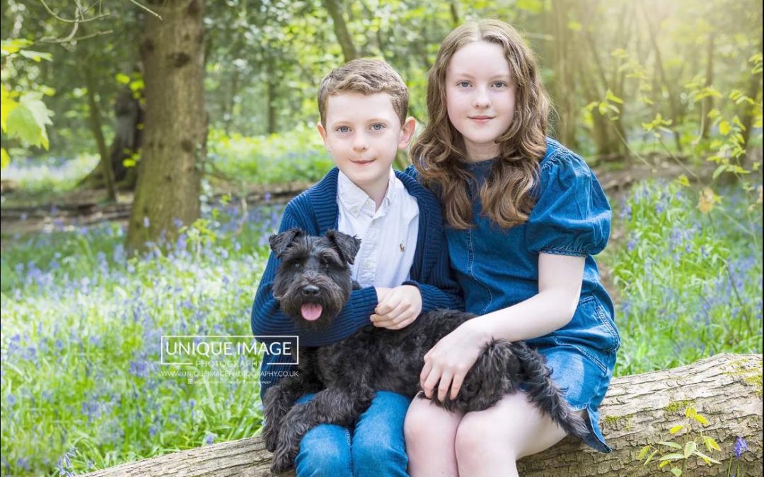 children and puppy in the bluebells